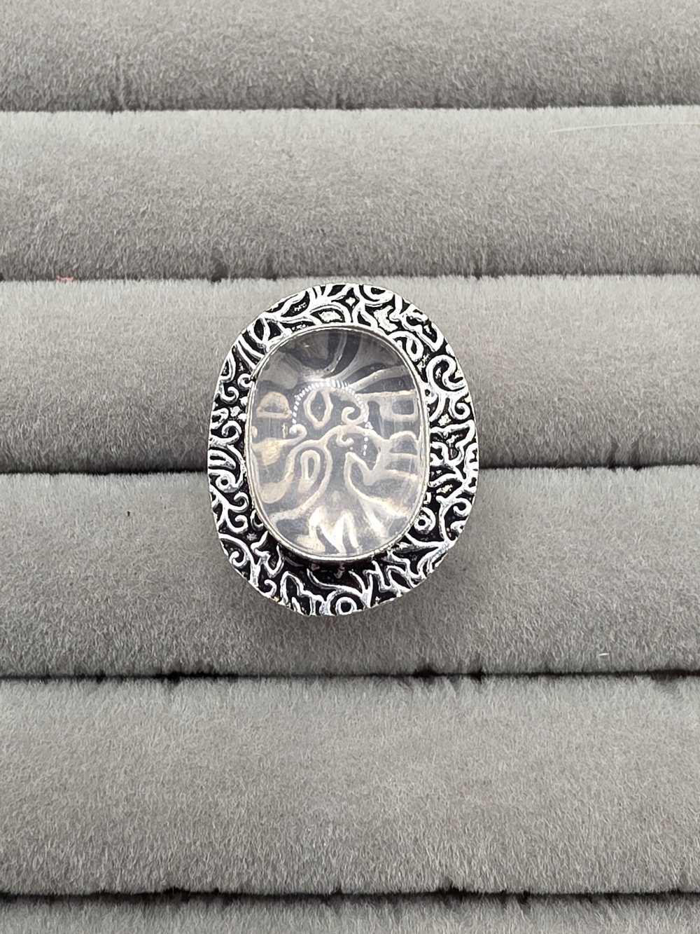 Silver Plared Oval Statement Ring Size 6 3/4 with Engraved Clear Quartz Stone